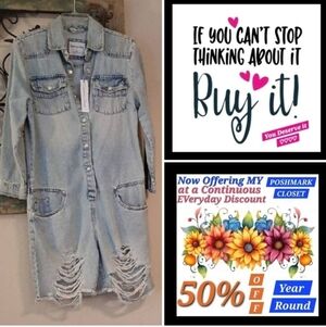 Highway Jeans Distressed Denim Romper. NWT Size Large